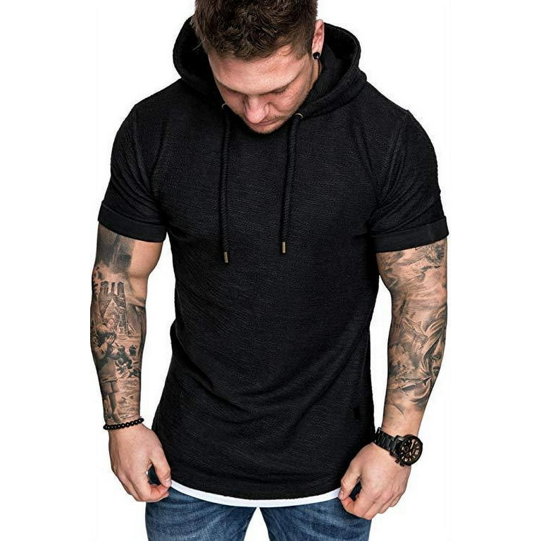 Men Summer Hoodie Pullover Short Sleeve Solid Color Sweatshirt Hip Hop Sweater