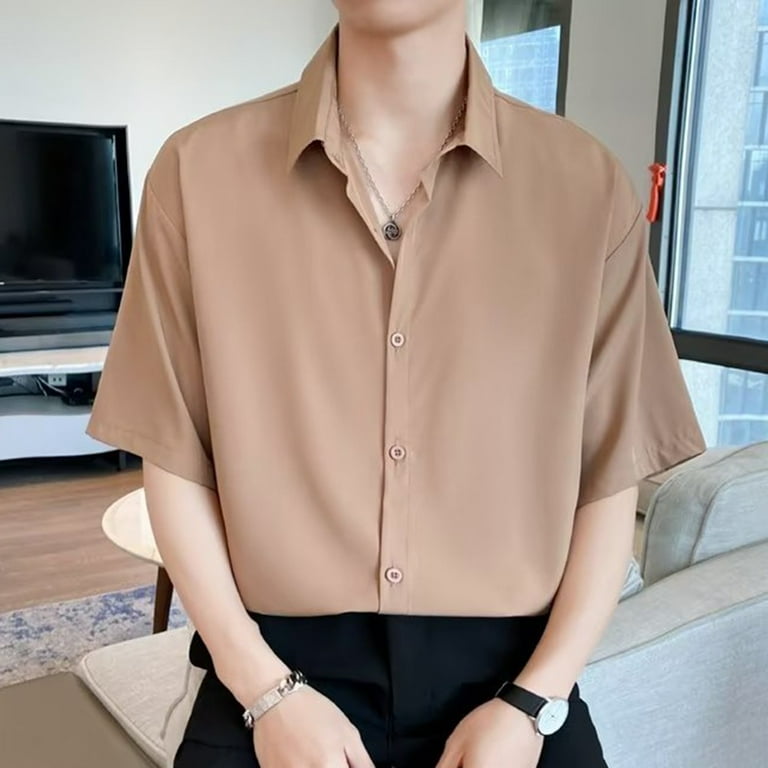 Cogfs Men Summer Korean Style Fashion All Match Short Sleeve Shirt Business Loose Top Men s Size Coffee