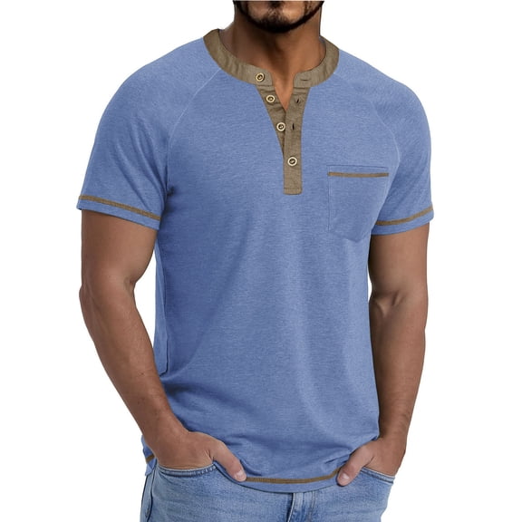 Men Summer Lapel Solid Color Short Sleeve Top Casual Beach Button Shirts Cotton Spread Collar Beach Shirt Light Blue XXL