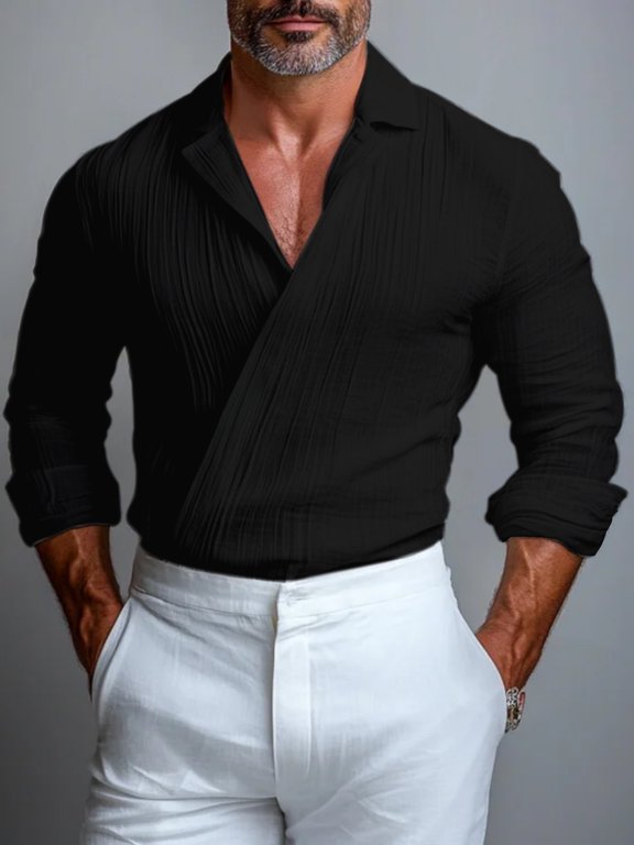 Men Summer Lightweight Crinkled Linen Shirt Wrap Cross V Neck Loose Long Sleeve Button Down Light Business Top