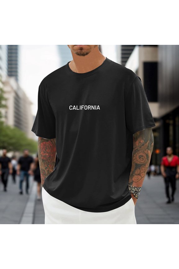 Men Summer Loose Casual Crew Neck Short Sleeve Oversized City Print T Shirt Athletic Letter Graphic Heavyweight Logo Top, L, Black