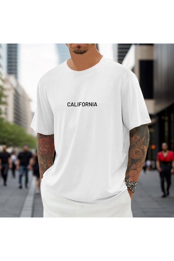 Men Summer Loose Casual Crew Neck Short Sleeve Oversized City Print T Shirt Athletic Letter Graphic Heavyweight Logo Top, L, White