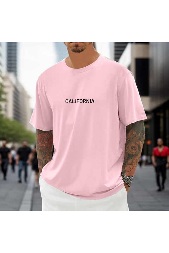 Men Summer Loose Casual Crew Neck Short Sleeve Oversized City Print T Shirt Athletic Letter Graphic Heavyweight Logo Top, XXL, Pink