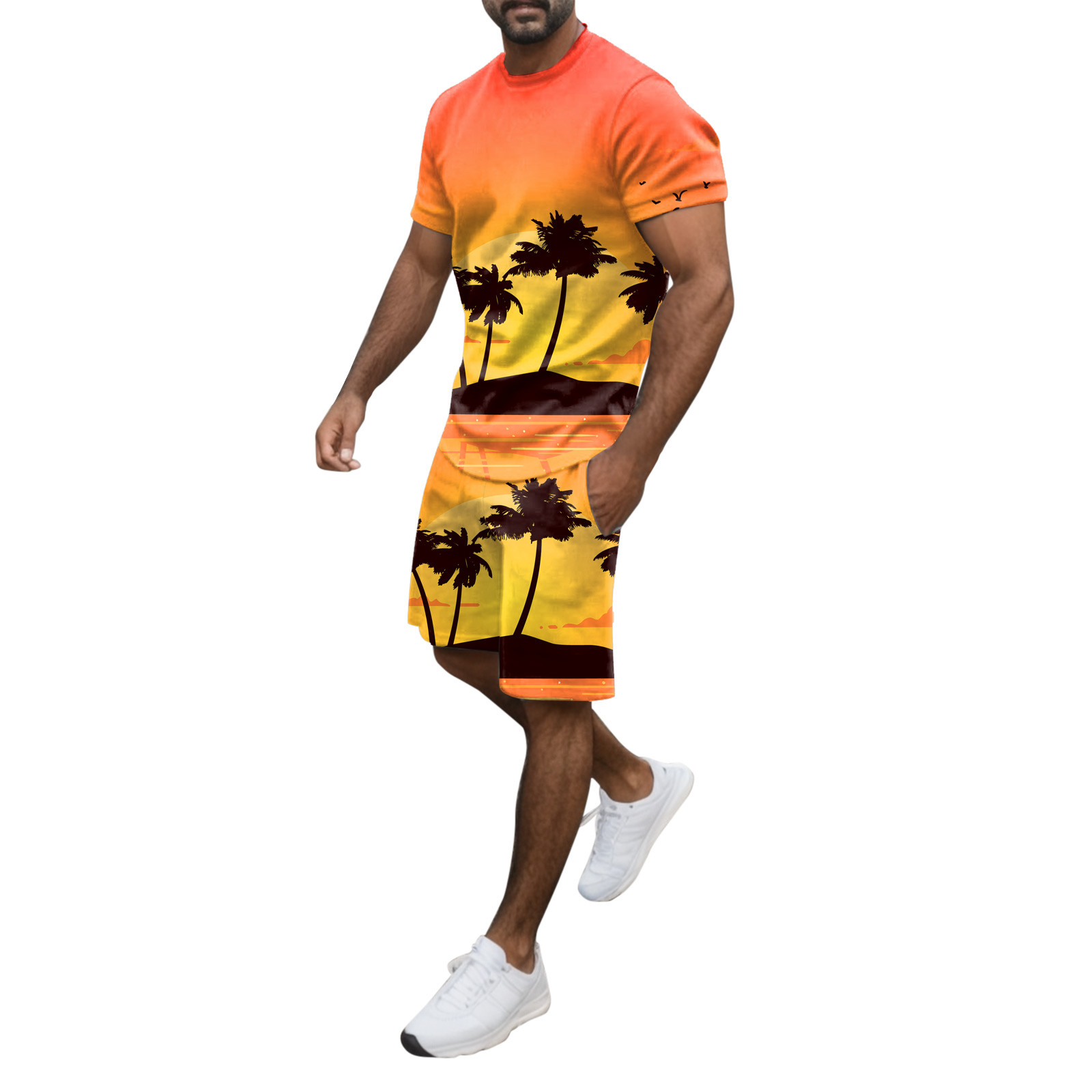 Men Summer Outfit Beach Short Sleeve Printed Shirt Short Suit Shirt