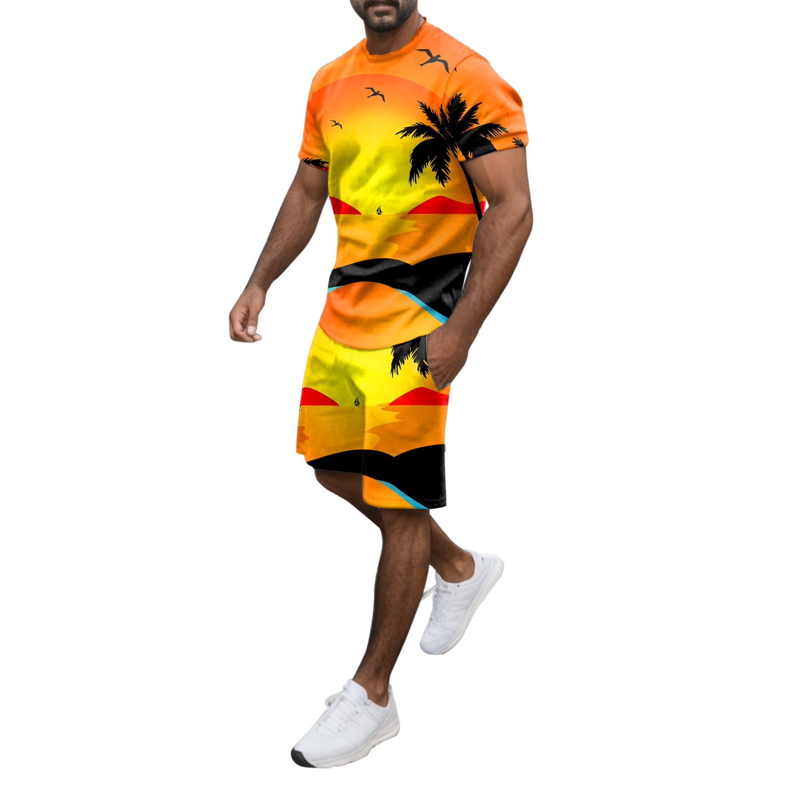 Men Summer Outfit Beach Short Sleeve Printed Shirt Short Suit Shirt