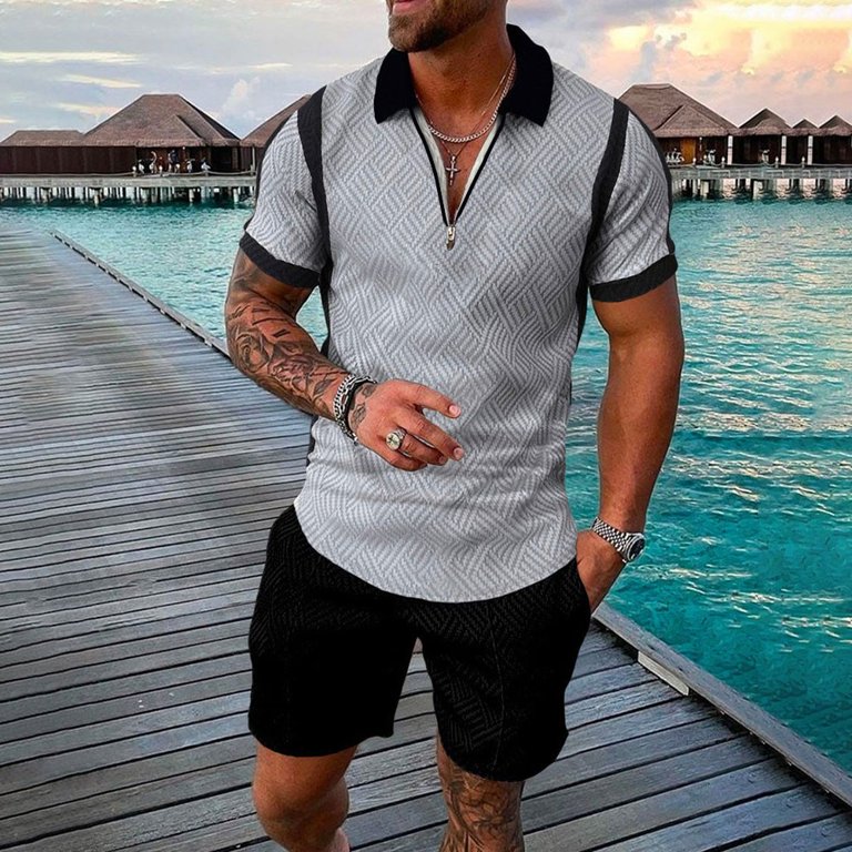 Men Summer Outfit Piece Set Sweatsuit Short Sleeve 2 T Shirts