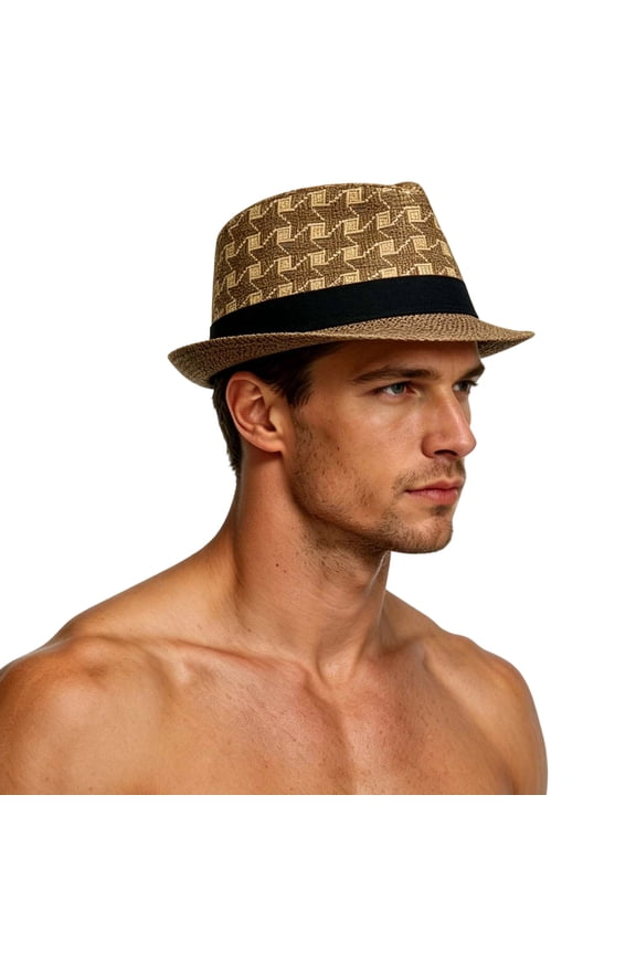 Men Summer Plaid Panama Straw Fedora Hat, Breathable Short Brim UV Protection Sun Hat Outdoor Beach Travel Casual Fashion Trilby Cap Brown