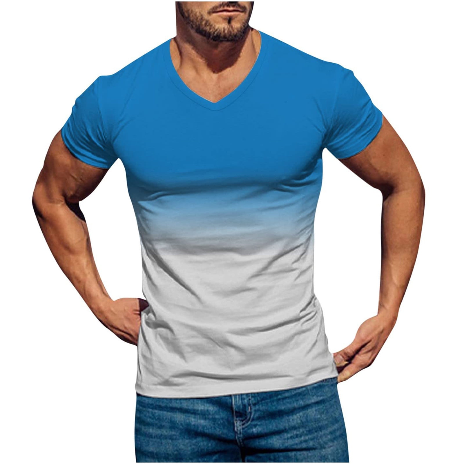 Men Summer Short Sleeve Shirts Slim Fit Athletic Workout Shirts Gradient Color Muscle Tee Summer Outdoor Sport Wear Walmart