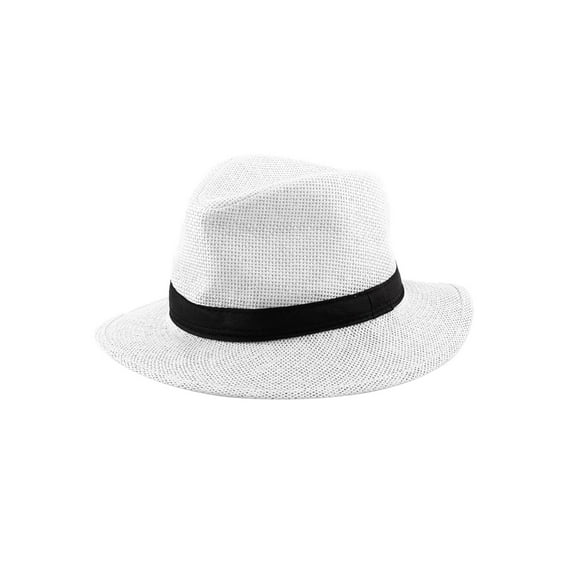 Men Summer Straw Braided Wide Brim Western Style Beach Sunhat Cowboy Hat White