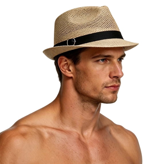 Men Summer Straw Sun Hat, Wide Brim Outdoor UV Protection Fashion Casual Fedora Cap for Travel Beach Vacation Khaki-E Free Size