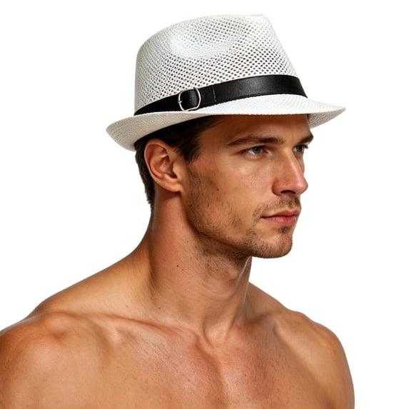 Men Summer Straw Sun Hat, Wide Brim Outdoor UV Protection Fashion Casual Fedora Cap for Travel Beach Vacation White-D Free Size