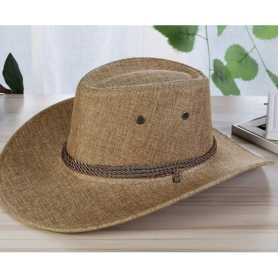 Men Summer Sunhat Cool Western Cowboy Hat Outdoor Wide Brim Hat Linen Sun Hat