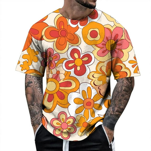 Men Summer Tops Active Top Pack Men Turtleneck Set Fashion Lady Workout Top Soft Shirt Knit Shirts T Fall Mens T Shirt Bulk Soft Causal Tops Men's Floral Print Casual Short Orange L