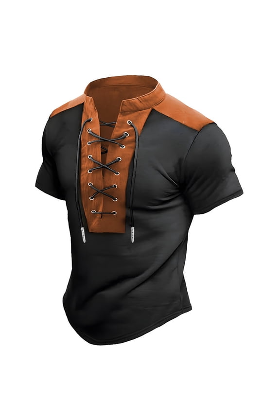 Men Summer Tops European Color Blocked Stand Up Collar Drawstring Open Collar Design V Neck Shirt For Men Casual And Comfortable Foreign Trade Short Sleeved T Shirt Long T Long Sleeve Nice Black XL