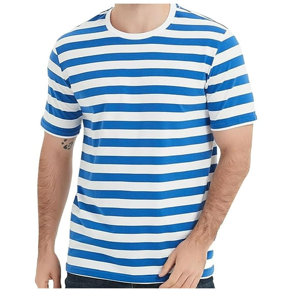 Men Summer Tops European Color Blocked Striped Navy Striped Men Casual Loose Trendy Comfortable Foreign Trade Business Sports Round Neck Short Sleeved T Shirt V Neck Shirt Dark Long Sleeve Light Blue