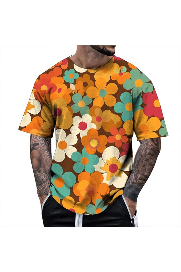 Men Summer Tops Lady Fitted T Shirt Fit Active Mens Camping Shirts T Shirt Dress Men Plain Long Sleeve Tech Shirts Long Sleeve Spandex Casual Tee Dressy Casual Men's Floral Orange M