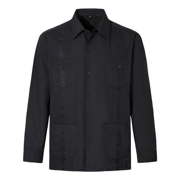 Men Summer Tops Men's Guayabera Long Sleeve Button Up Cuban Beach Casual Embroidered Dress Shirt Mens T Shirts Long Sleeve Men S Undershirt T Shirt Tops Shirts for Leggings for Dry Set Black 2XL