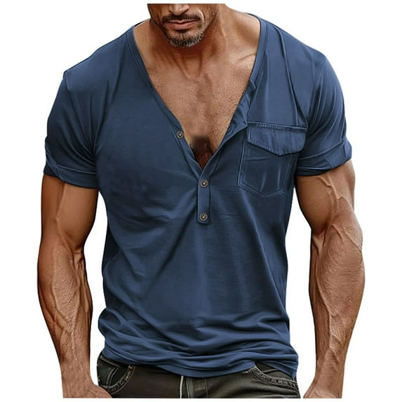Men Summer Tops Men's Plus Size Summer Casual Buckle Slim Short Sleeve T Shirt V Neck Pocket Top Athletic Long Sleeve Comfortable Loose Fit Neck Top Long Striped Shirt Little Year Fit Mens Blue L