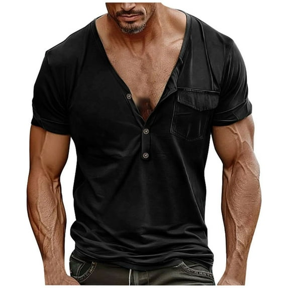 Men Summer Tops Men's Plus Size Summer Casual Buckle Slim Short Sleeve T Shirt V Neck Pocket Top Athletic Long Sleeve Comfortable Loose Fit Neck Top Long Striped Shirt Little Year Fit Mens Black 2XL