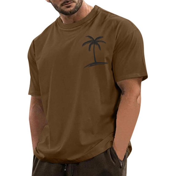 Men Summer Tops Men's Short Sleeve T Shirt Casual Round Neck 3D Coconut Print Short Sleeve Sports Holiday Top T Shirt Indoor Boy Plain Long Sleeved Shirts Men Guard Set Guard Long Summer Coffee L