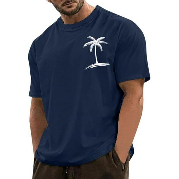 Men Summer Tops Men's Short Sleeve T Shirt Casual Round Neck 3D Coconut Print Short Sleeve Sports Holiday Top T Shirt Indoor Boy Plain Long Sleeved Shirts Men Guard Set Guard Long Summer Navy XL
