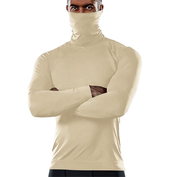Men Summer Tops Men's Solid Color Sports Tee for Autumn and Winter with High Neck Long Sleeve Performance Base Shirt Beige 3XL