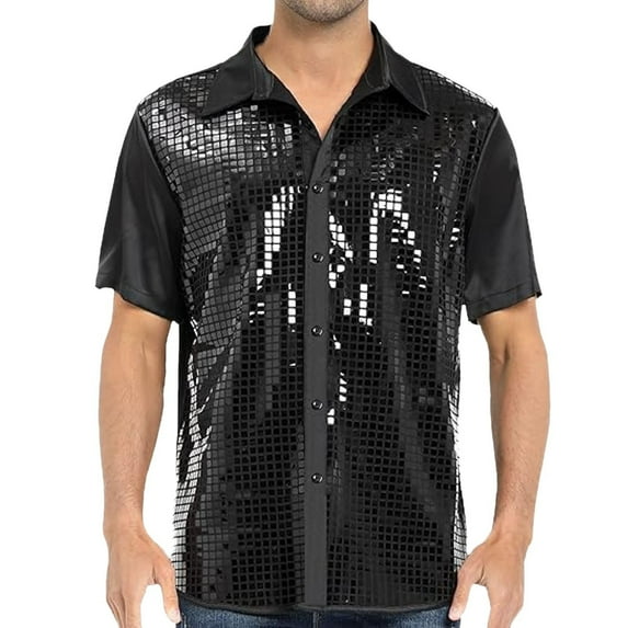 Men Summer Tops Mens Fashion Short Sleeved Bright Face Shirt 70s Disco Party Everything With Sequined Short Sleeved Shirt Violet Top Men Thin Long Sleeve Mens Layering Tee Long Sleeve Deep Black M