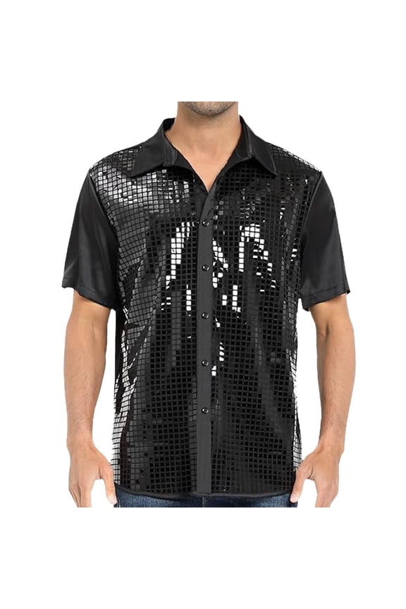 Men Summer Tops Mens Fashion Short Sleeved Bright Face Shirt 70s Disco Party Everything With Sequined Short Sleeved Shirt Violet Top Men Thin Long Sleeve Mens Layering Tee Long Sleeve Deep Black S