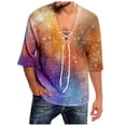 thumbnail image 1 of Men Summer Tops Mens Spring And Summer Casual Tie Dye Print T Shirt Lacing V Neck 3/ 4 Sleeve Tops Band 1 Long Sleeve Turtleneck Men Vintage Raglan Tees Neck Top Holiday Plain Tee Shirts Orange 4XL, 1 of 5