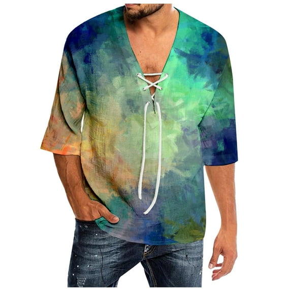 Men Summer Tops Mens Spring And Summer Casual Tie Dye Print T Shirt Lacing V Neck 3/ 4 Sleeve Tops Band 1 Long Sleeve Turtleneck Men Vintage Raglan Tees Neck Top Holiday Plain Tee Shirts Blue M