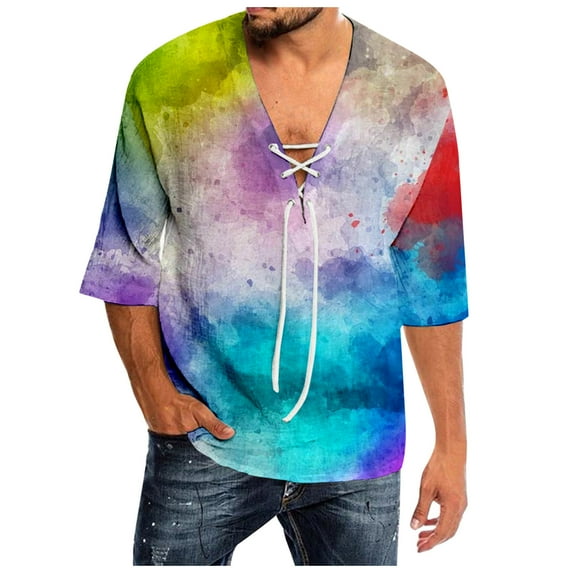 Men Summer Tops Mens Spring And Summer Casual Tie Dye Print T Shirt Lacing V Neck 3/ 4 Sleeve Tops Band 1 Long Sleeve Turtleneck Men Vintage Raglan Tees Neck Top Holiday Plain Tee Shirts Purple 3XL