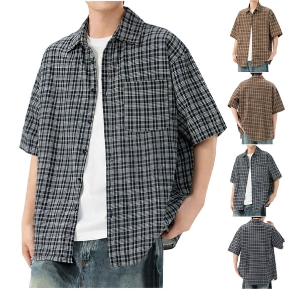 Men Summer Vintage Plaid Shirts Casual Classic Lapel Short Sleeve Button Blouses Loose Comfy Soft Solid Color Tops With Pockets