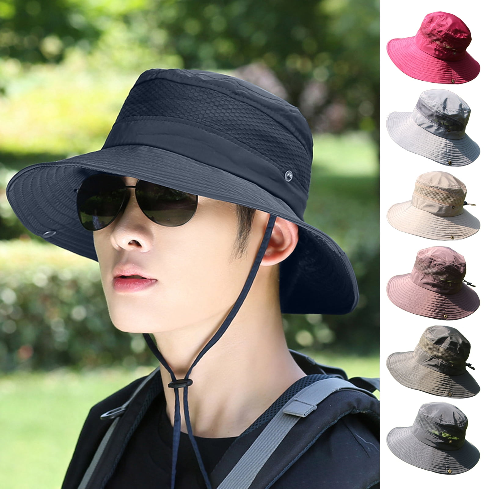Men Sun Hat Solid Color Wide Brim Fasten String Sunscreen