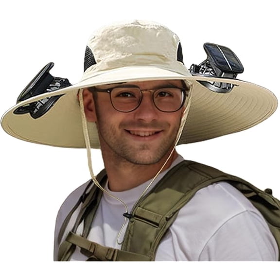 Men Sun Hat with 2 Solar Fan UPF 50+ Fishing Hats Wide Brim UV Protection Sun Hat, USB Charging