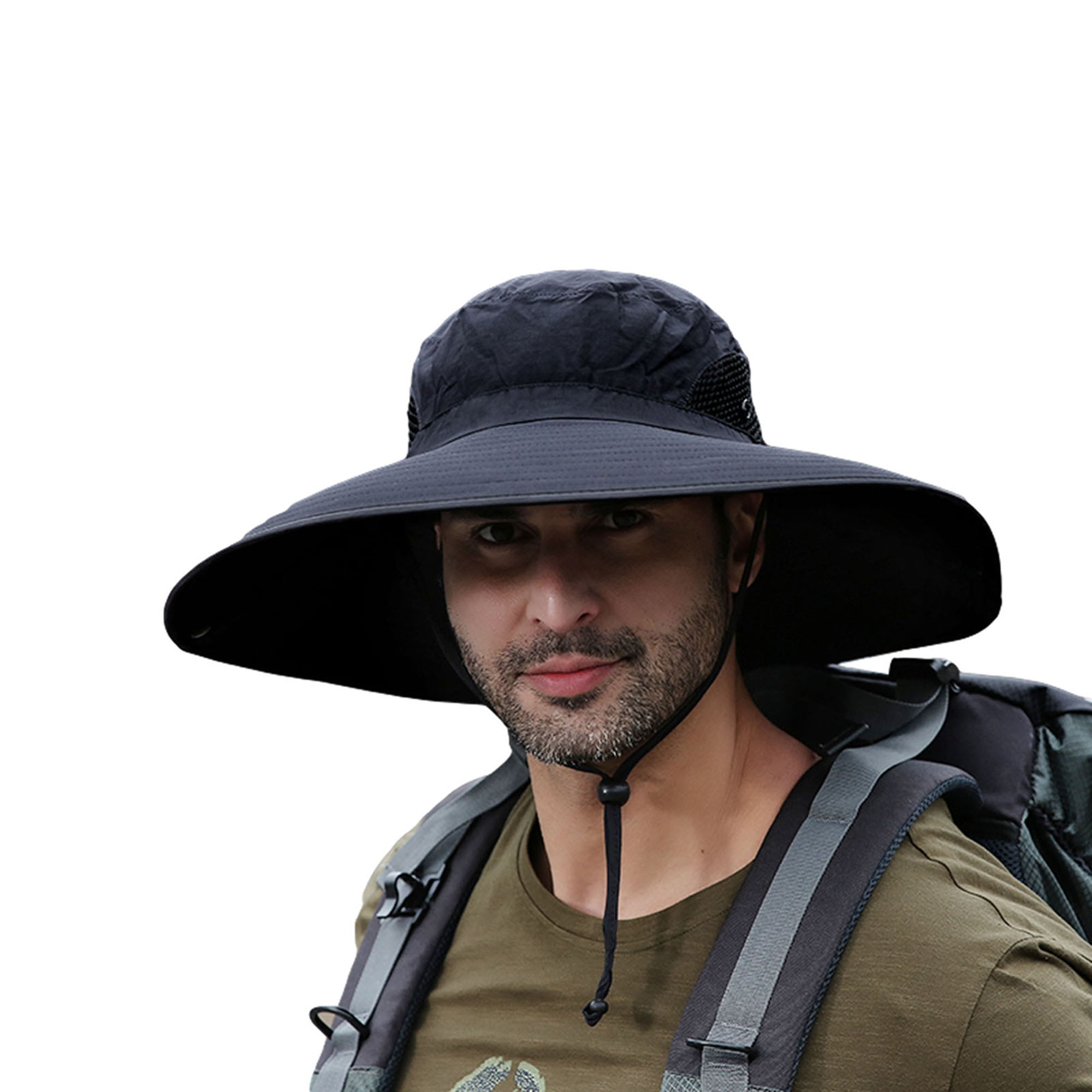 Men Sun Hat with Adjustable Chin Rope Bucket Wide Brim Mesh UV Protection  Outdoor Cap 