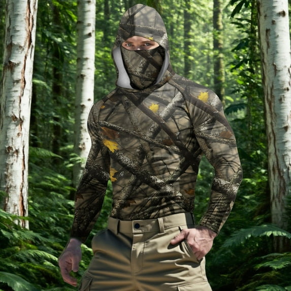 lcziwo Men Sun Protection Shirts with Face Mask UPF 50+ Big and Tall Long Sleeve Camo Print Hoodie Casual Summer Beach Fishing Tops Camouflage L