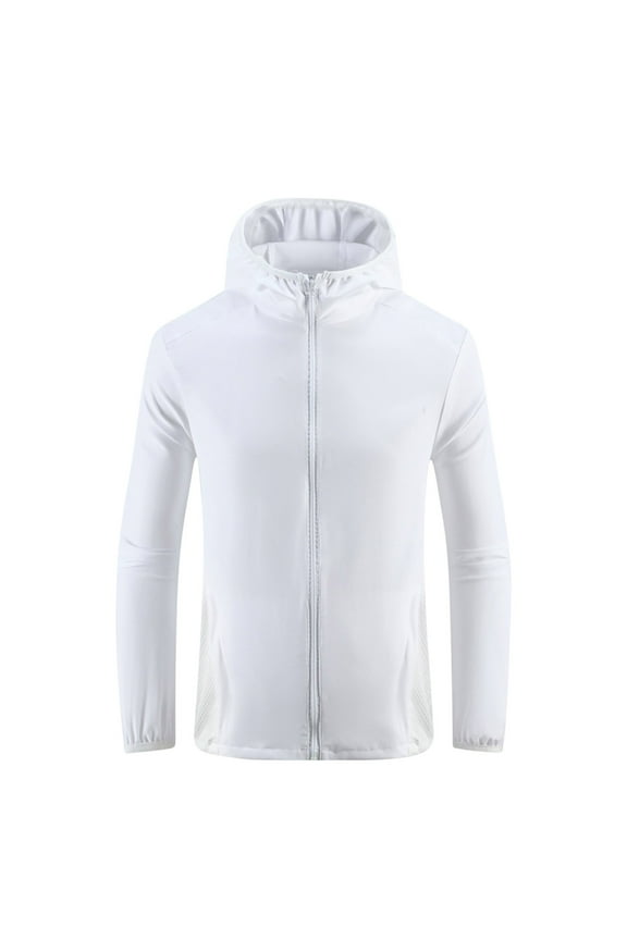 Men Sun Protective Jacket Side Seam Pockets Men's Summer Sunscreen Coat Hooded Zip-up Cardigan with Zipper Plus Size Long Sleeve White M