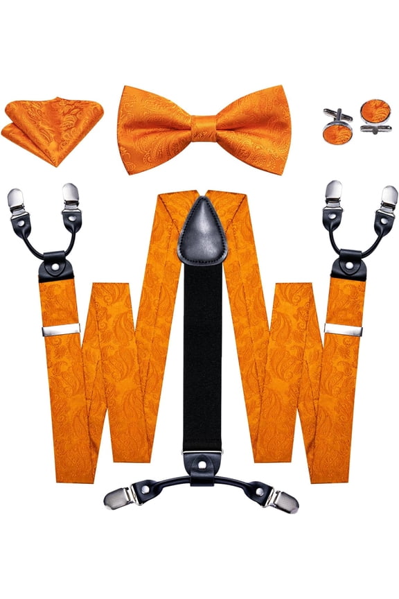 Men Suspender Solid Paisley Adjustable Silk Braces Pre-Tied Bowtie Handkerchief Cufflink 6 Clips Wedding Party