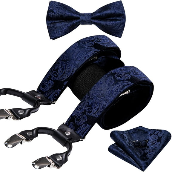 Men Suspender Solid Paisley Adjustable Silk Braces Pre-Tied Bowtie Handkerchief Cufflink 6 Clips Wedding Party