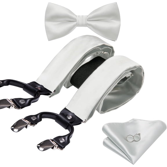 Men Suspender Solid Paisley Adjustable Silk Braces Pre-Tied Bowtie Handkerchief Cufflink 6 Clips Wedding Party