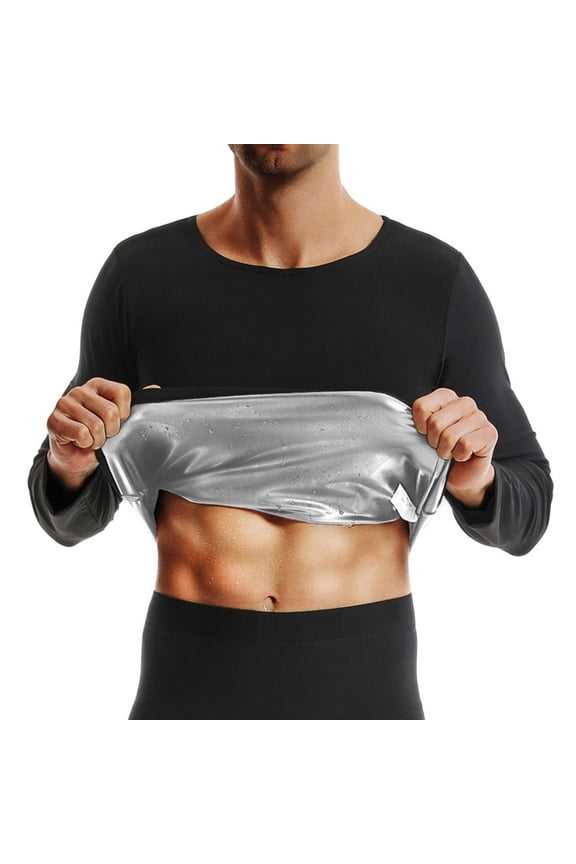 Men Sweat Sauna Suit Heat Trapping Polymer Long Sleeve Compression Shirt Gym Workout Body Shaper Tops Silver