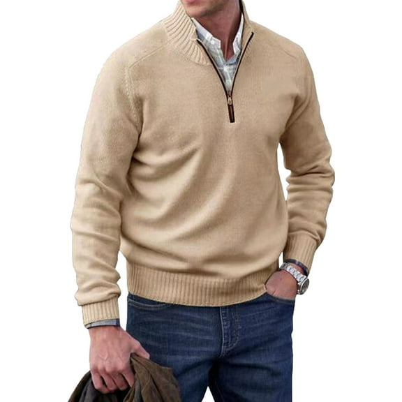 Men Sweater Coat Half Zipper Knit Elastic Long Sleeves Stand Collar Outerwear Pure Color English Style Daily Wear School Mid Length Sweater