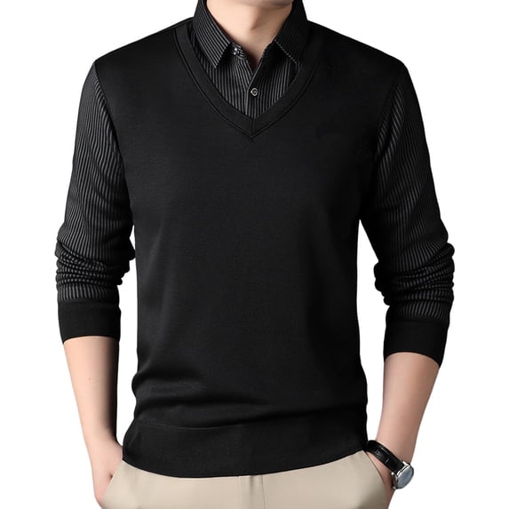 Men Sweater Fake Two-piece Shirt And Sweater Slicing Formal Business Style Turn-down Collar Long Sleeves Striped Office Autumn Spring Top