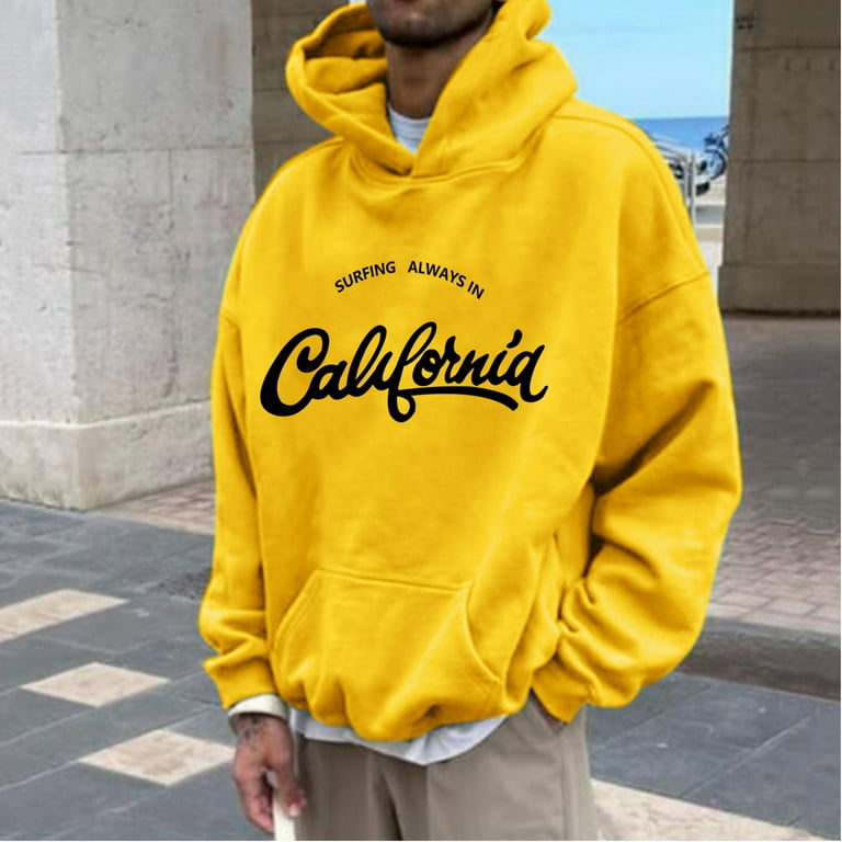 Men Sweater Mens Autumn and Winter Loose Plus Size Hooded Pullover Sweater Yellow