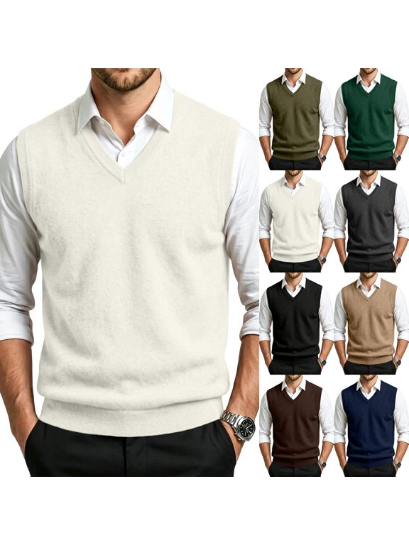 Men Sweater Vest Casual V Neck Plain Knitted Vests,Sleeveless, Slim Fit, Lightweight, Soft, Stretchy, Comfortable, Classic, Basic, Business, Formal Beige,S
