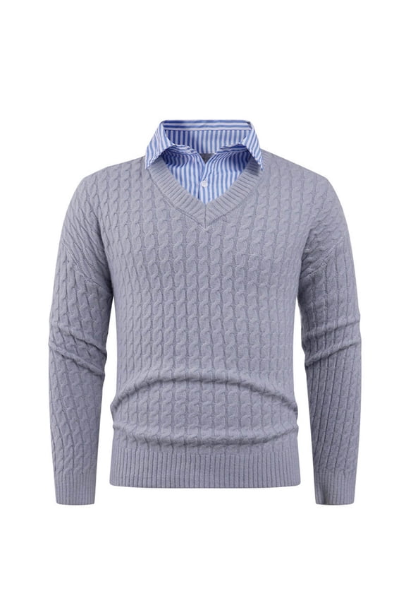 Men Sweater with Shirt Collar 2 in 1 Kintted Sweater Pullover Mock Shirts