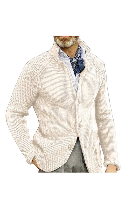 Men Sweaters Cardigan Button Down Lapel Stand Collar Knit Jacket Coat Fall Winter Casual Fashion Outwear Knitwear (M, Beige)