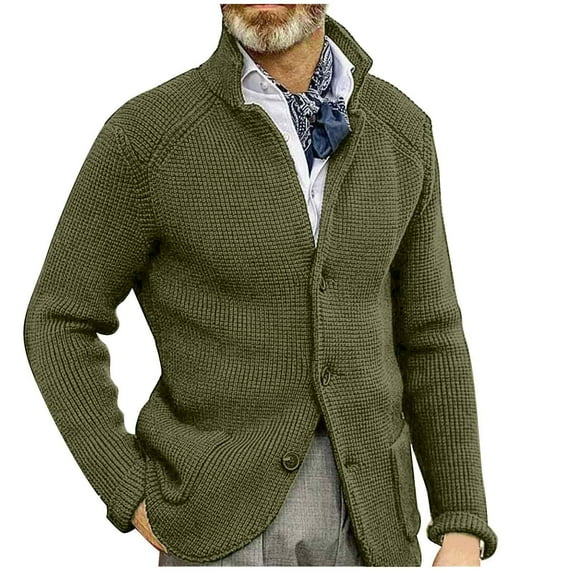 Men Sweaters Cardigan Button Down Lapel Stand Collar Knit Jacket Coat Fall Winter Casual Fashion Outwear Knitwear (XL, Army Green)