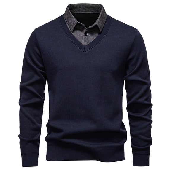 Men Sweaters Knit Tops Blouse Two-Piece Shirt Collar Solid Long Sleeve Crew Neck Casual Fall Winter Pullover