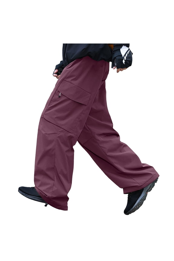 Men Sweatpants Unisex Lined Tactical Cargo Pants Hiking Relaxed Fit Straight Leg Winter Warm Outdoor Trousers Brick Red XL